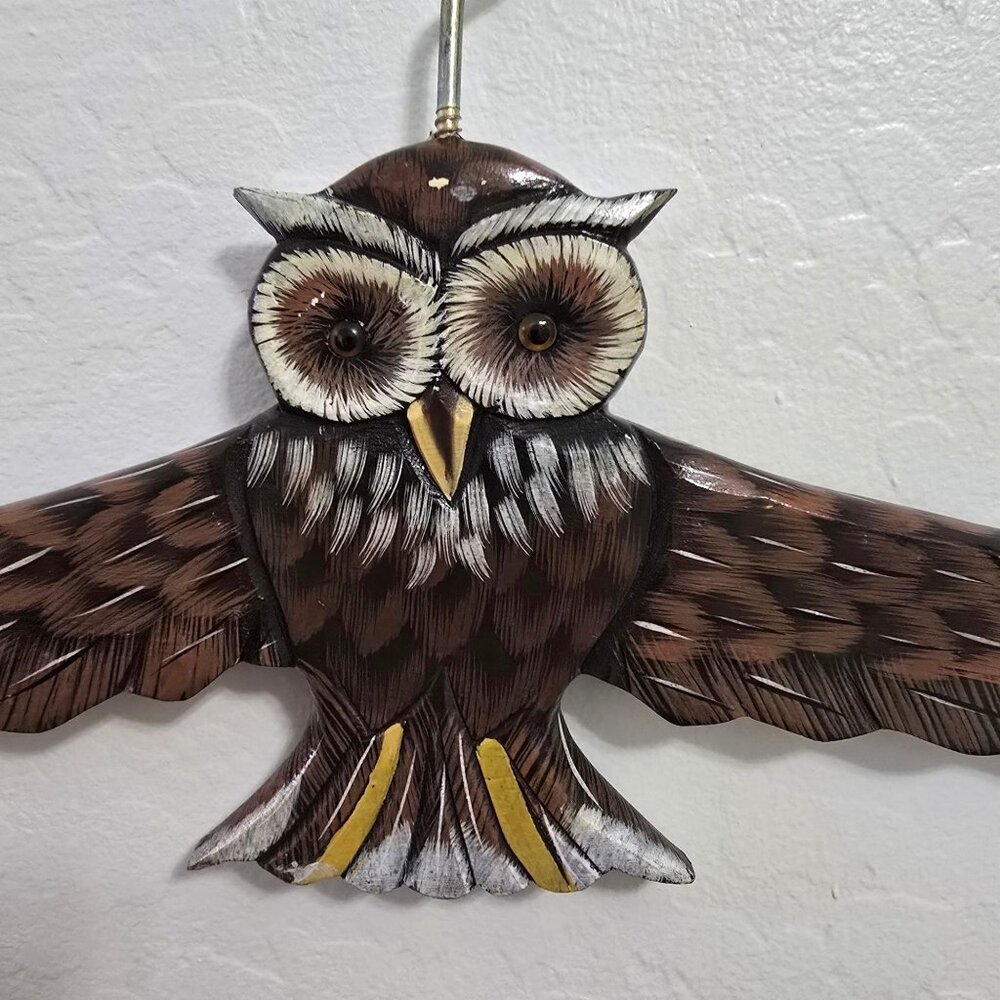 Hand Painted Owl Wooden Decorative Hanger Outstretched Wings Boho - Picture 2 of 13